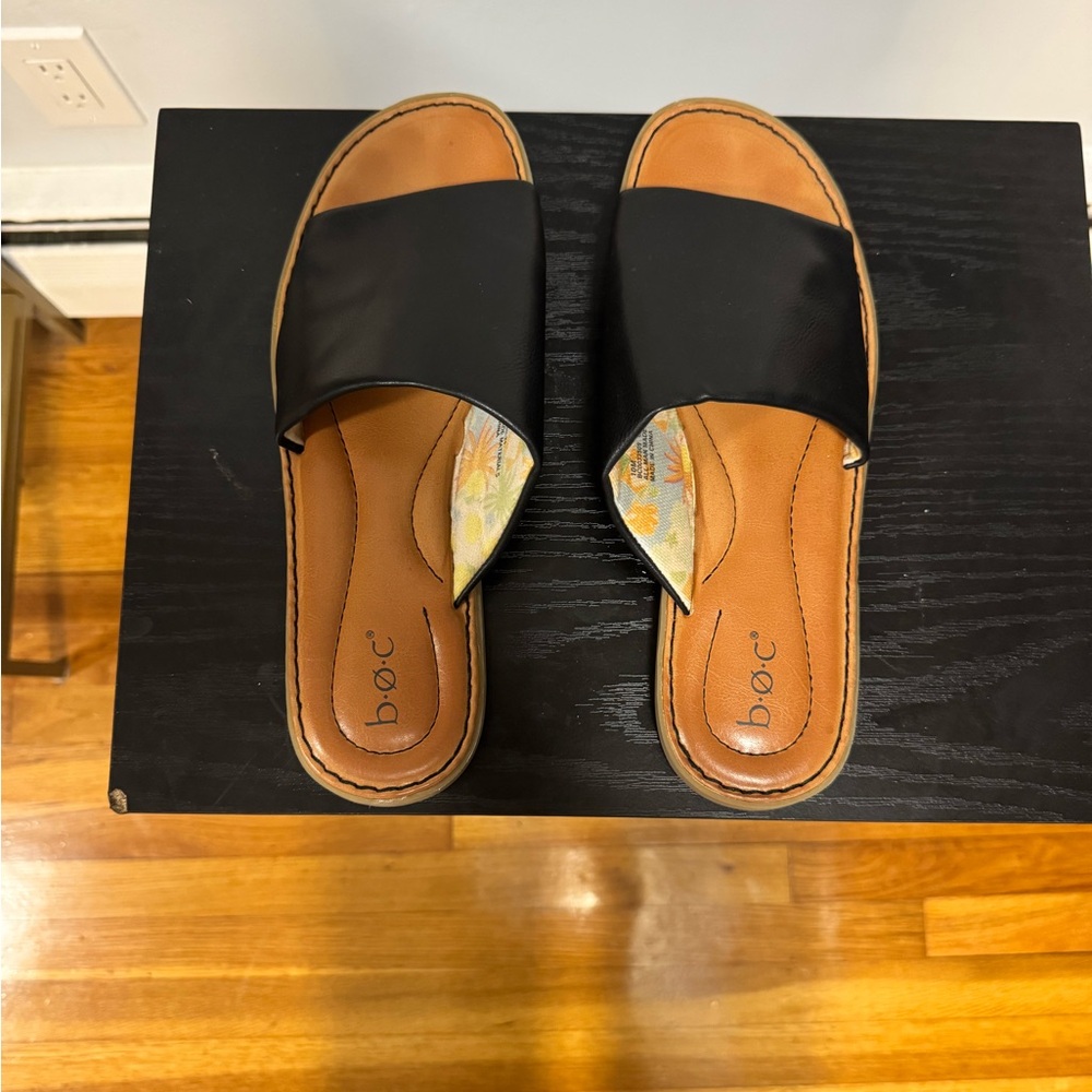b.o.c. Black Slide Sandals with Tan Footbed